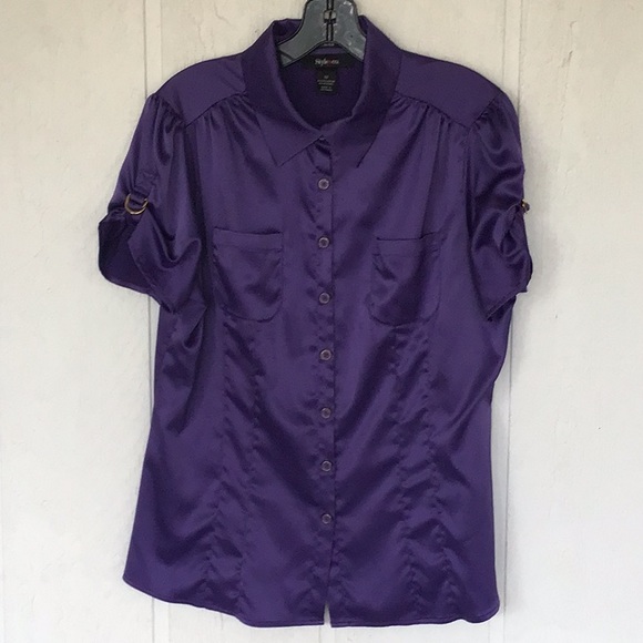 MACYS STYLE & CO PURPLE SATIN BUTTON DOWN BLOUSE SIZE 12 - Picture 9 of 10